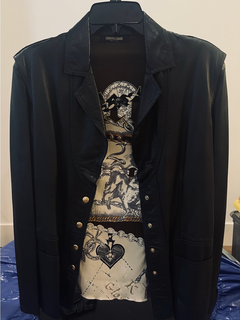 Rare 2003 Roberto Cavalli Black Leather Jacket Astrology/World Map Collection L